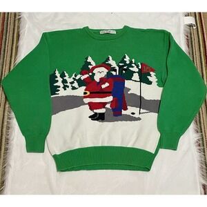 Vintage Thick Ugly Christmas Sweater Preppy Golf Crew Neck Green L‎ Santa Golfer